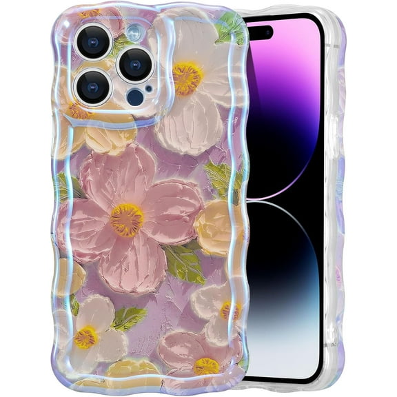 Case for iPhone 16 Pro, Colorful Retro Oil Painting Printed Flower Laser Glossy Pattern Cute Curly Wave Edge Exquisite Phone Cover Stylish Durable TPU Protective Case for Girl Women-Pink