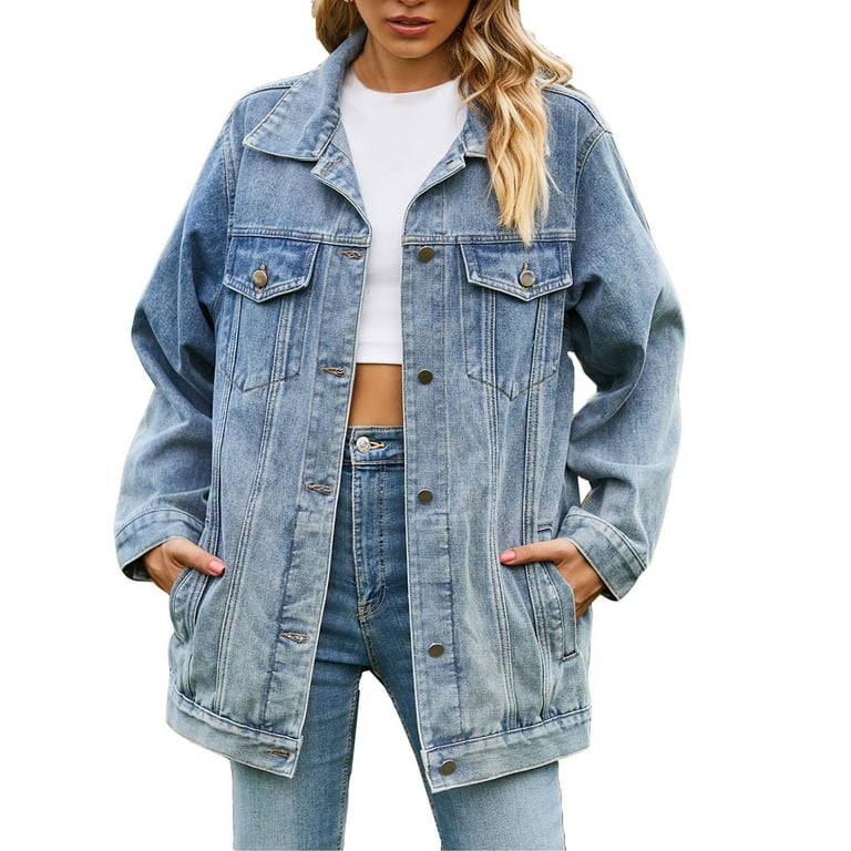 Miluxas Women s Oversized Denim Jacket Clearance Casual Long Boyfriend Distresse Jean Jacket Autumn Spring Blue 12 XXL