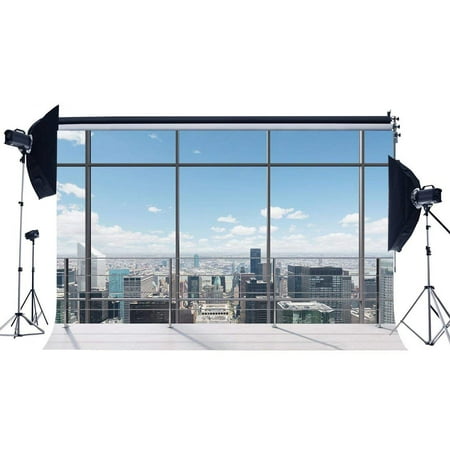 Image of ABPHOTO Polyester 7x5ft Office Room Backdrop American New York City Business Street View Skyscraper French Sash Blue Sky White Cloud Sunshine Photography Background for Person Photo Studio Props