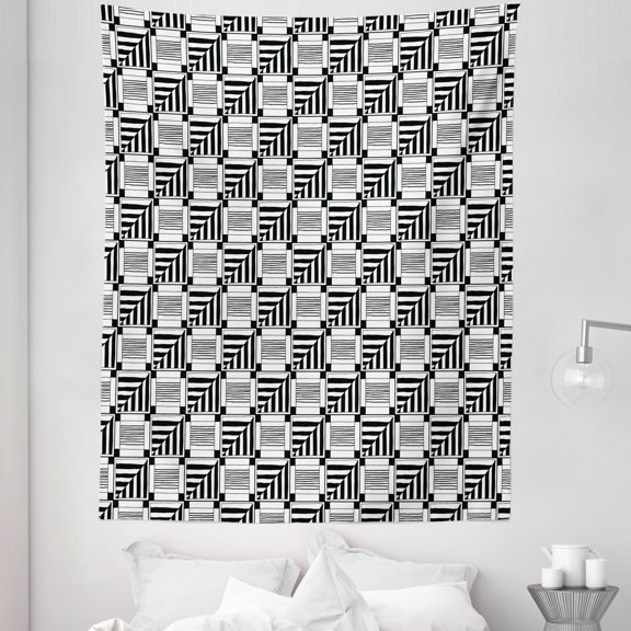 Black and White Tapestry, Abstract Composition of Monochrome Geometric Shapes Pattern Grid Squares, Fabric Wall Hanging Decor for Bedroom Living Room Dorm, 5 Sizes, Black White, by Ambesonne