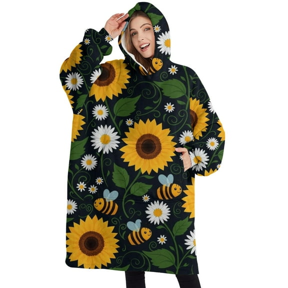 Oversized Wearable Blanket Hoodie,DarkBlue Sunflower Bee Pattern Sherpa Blanket Hoodie with Super Pockets,Super Warm Fuzzy Pullover for Women & Men