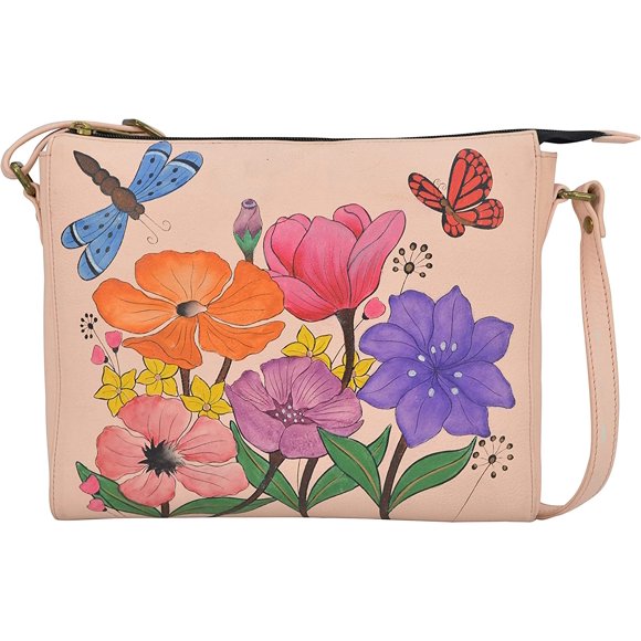 Anna by Anuschka Hand-Painted Women’s Genuine Leather Slim Medium Crossbody - Top Zip Entry, Slip in Cell Pocket, Adjustable Crossbody Strap