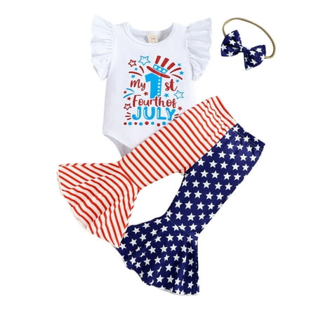 

Toddler Outfits Girls Fly Sleeve Independence Day 4th Of July Letter Printed Romper Bodysuits Striped Flare Bell Bottomed Pants Headbands Outfits Personalized Baby Girl Gowns