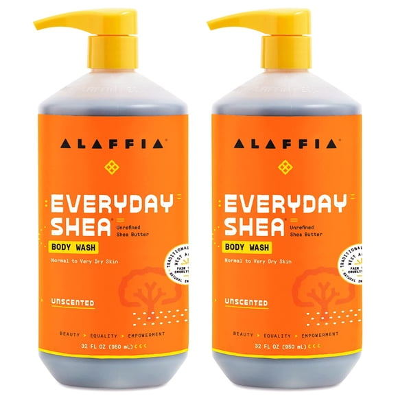 Alaffia Everyday Shea Body Wash ayuda naturalmente a hidratar y limpiar sin quitar los aceites naturales con manteca de karité de comercio justo, neem y aceite de coco, sin perfume, paquete de 2, 32 o