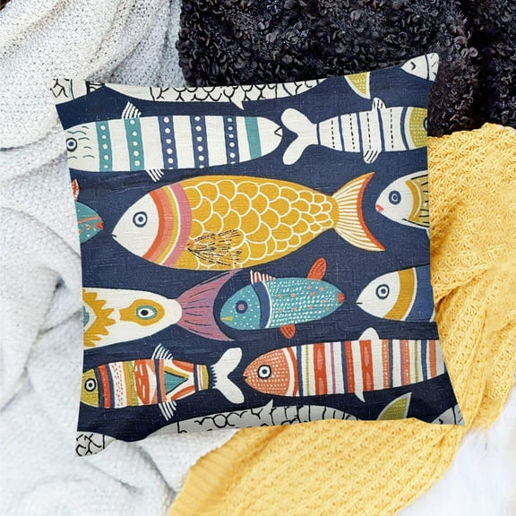 FCXZI Farmhouse Decor Fish Square Cushion Cover for Home Sofa Couch Outdoor 100% Linen Pillow Case Set 18x18in