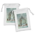 thumbnail image 1 of Retro Fabric Pouch Set of 2, Old Gate and Curtain Composition on Checkered Floor Digital Computer Graphics, Drawstring Bag for Toiletries Masks and Favors, 9" x 6", Teal Brown White, by Ambesonne, 1 of 2