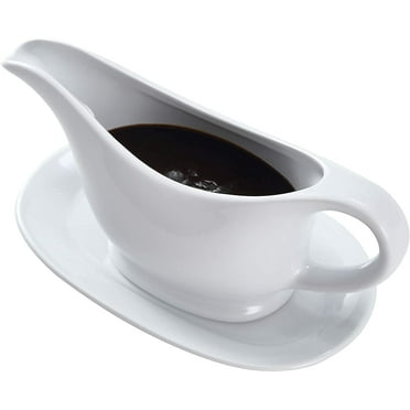Bruntmor 20 Oz White Ceramic Gravy Boat With Tray, 20 Ounce Large Farmhause Gravy Boat With Saucer For Dinner Table Decoration
