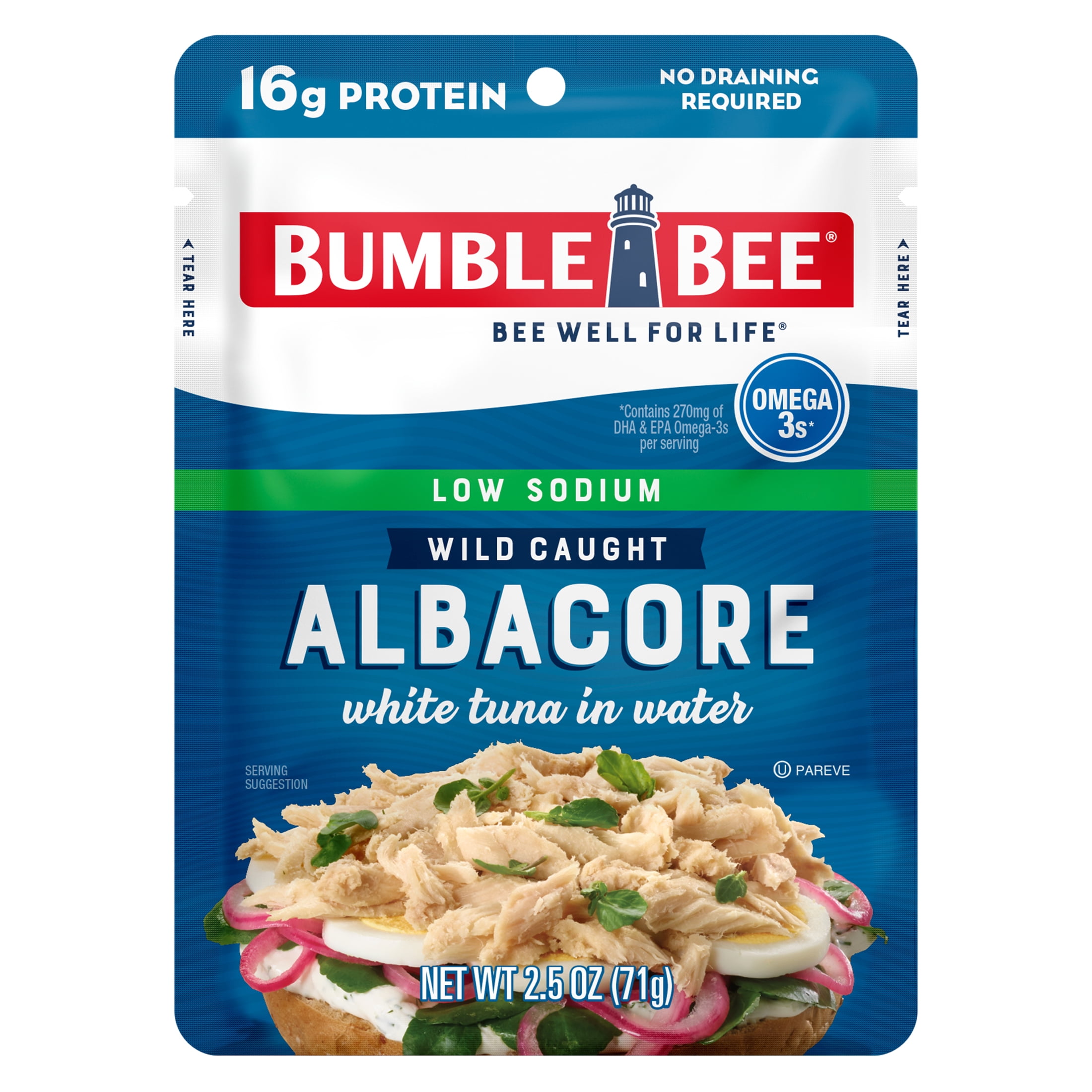 (12 pack) Bumble Bee Low Sodium Chunk White Albacore Tuna in Water, Wild Caught, Gluten Free, 16g Protein per Serving, Shelf Stable Pouch, 2.5 oz