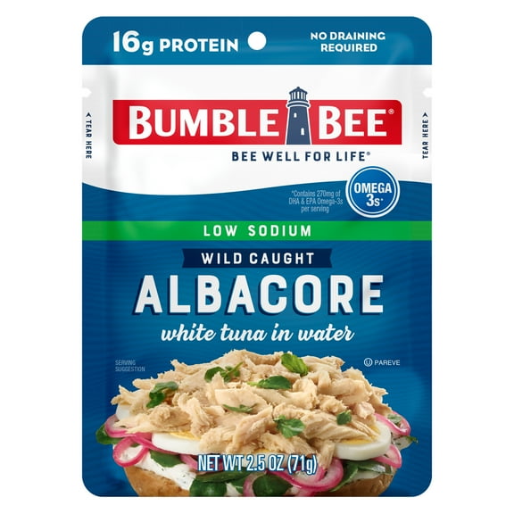 Bumble Bee Low Sodium Chunk White Albacore Tuna in Water, Wild Caught, Gluten Free, 16g Protein per Serving, Shelf Stable Pouch, 2.5 oz