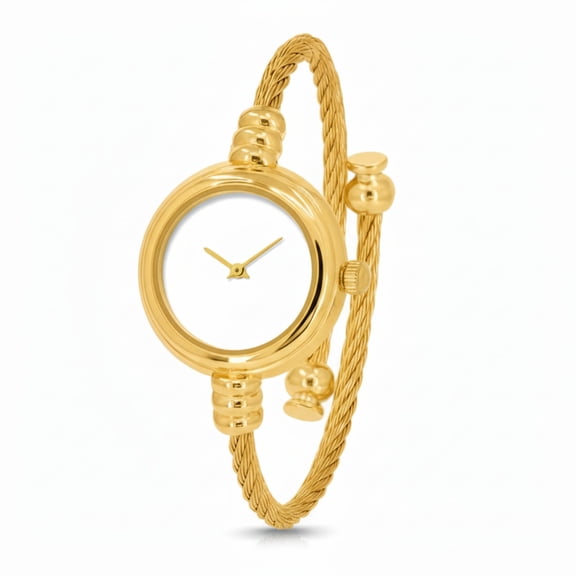 Blekon Original Women’s 23mm Elegant Analog Watch with Classic Round Dial and Cable Cuff Bangle Bracelet (White/Gold)