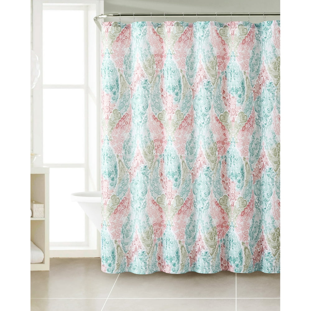Teal, Coral and Green Dobby Fabric Shower Curtain Paisley Floral Design. 72" x 72" Walmart