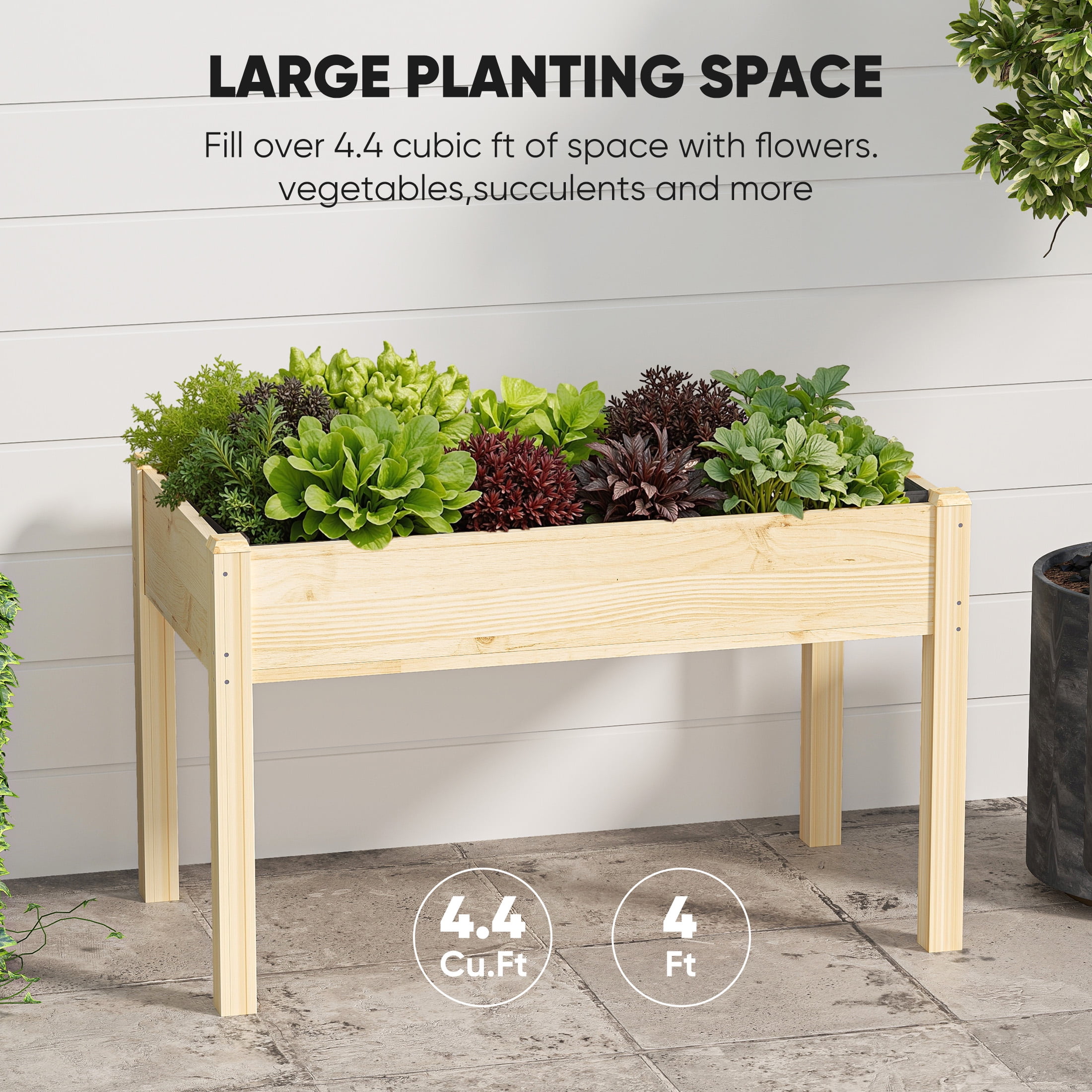 CONCETTA Elevated Wooden Garden Bed with Legs, 48x24x30in Planter Box with Liner for Herbs, Flowers, Veggies, 300lbs Capacity, Perfect for Patio, Balcony, Backyard