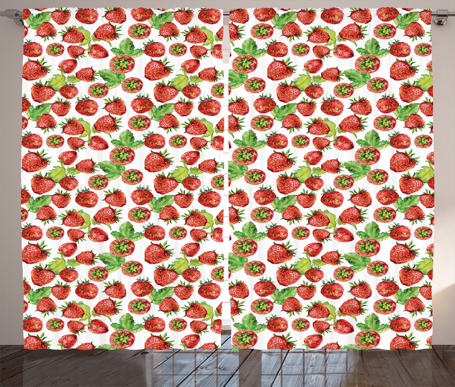 Kitchen Curtains 2 Panels Set Vibrant Strawberry Figures