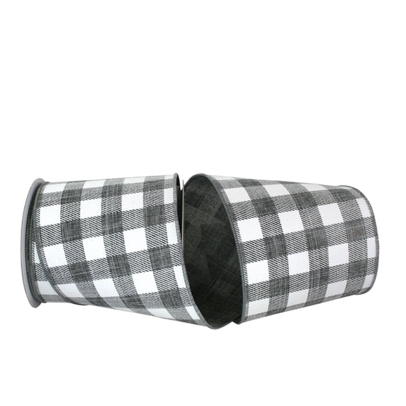 Reliant Ribbon - 93220W-900-10F, Gingham Print Linen Wired Edge Ribbon, Grey, 4 Inch, 10 Yards