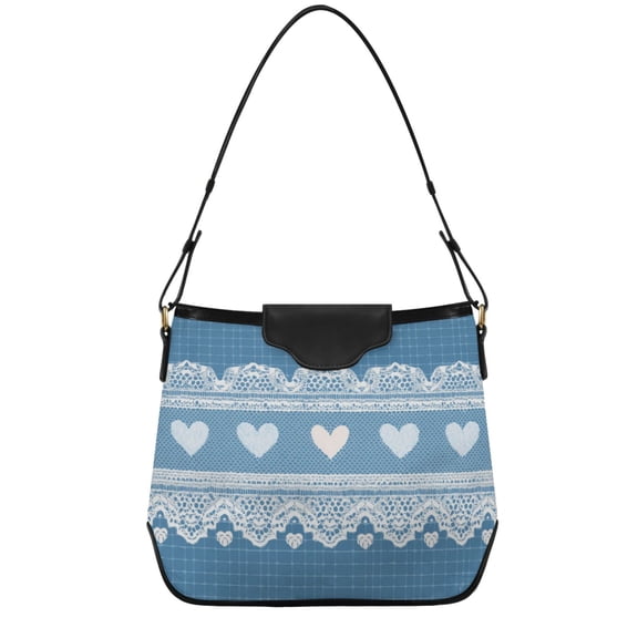 Blue Grids Lace Hearts Valentine Women's Tote Bag Convertible Handbags Hobo Shoulder Bag with Zipper Magnetic Snap