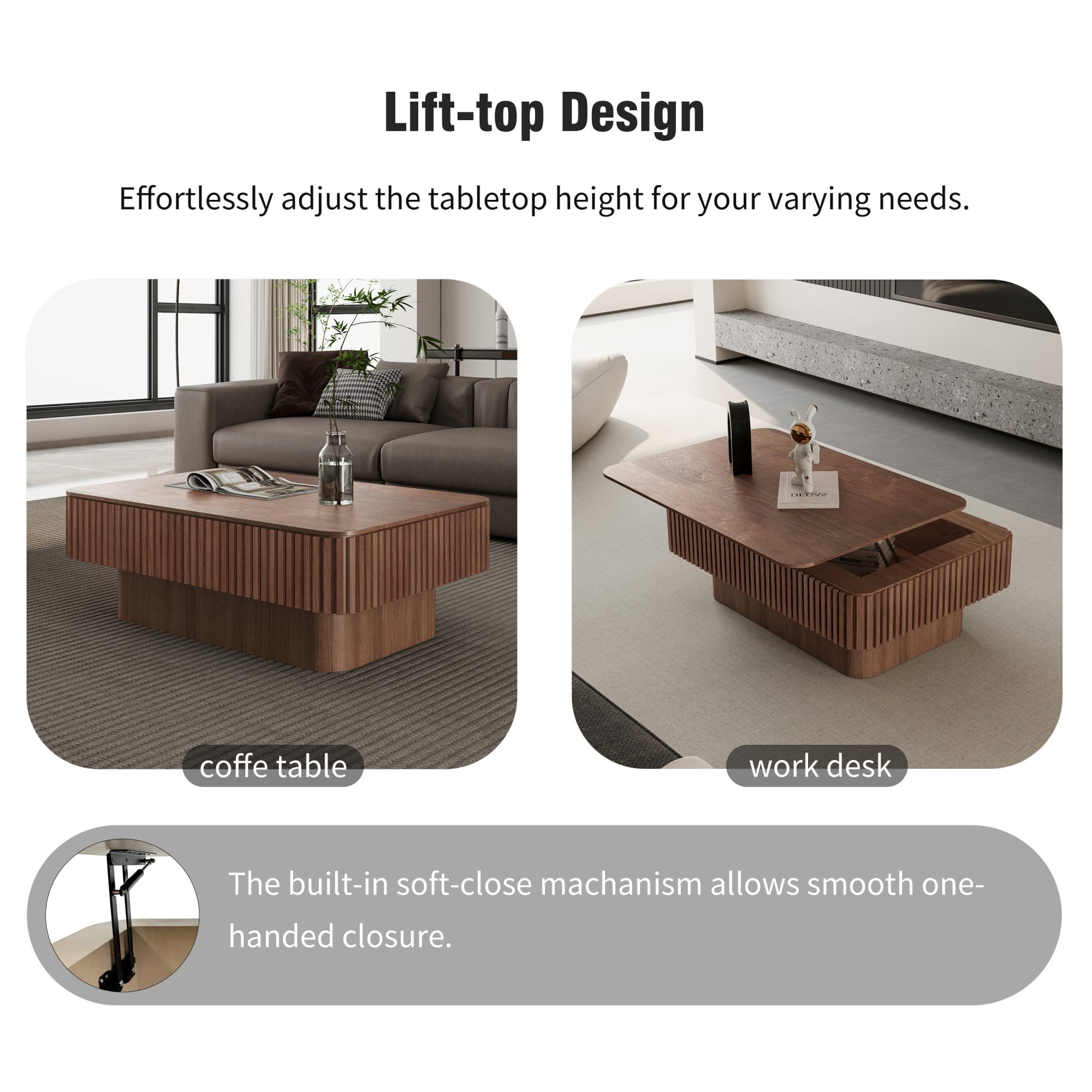 Lift Top Coffee Table with Storage, 38.6" Fluted Coffee Table with Adjustable Height, Modern Wood Veneer Center Table for Living Room, Walnut