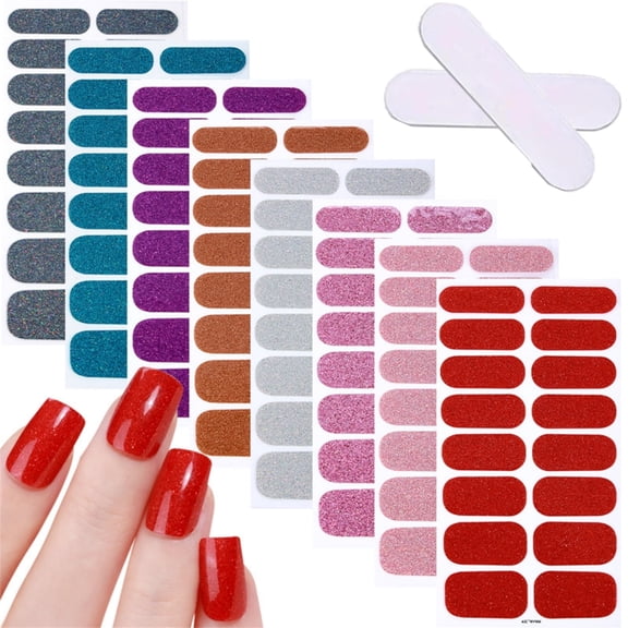 HYG Nail Wraps Stickers 128 Pieces 8 Sheets Full Cover Color Nail Art Stickers Nail Stickers Polish Strips Self Adhesive Solid Nail Art Decal Glitter Full Wraps for Women DIY Art Decals with File