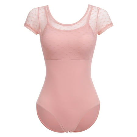 IBTOM CASTLE Women Gymnastics Leotard Adult Short Sleeve Floral Lace Print Backless Bodysuit Ballet Dance Wear M Pink - Mesh Heart