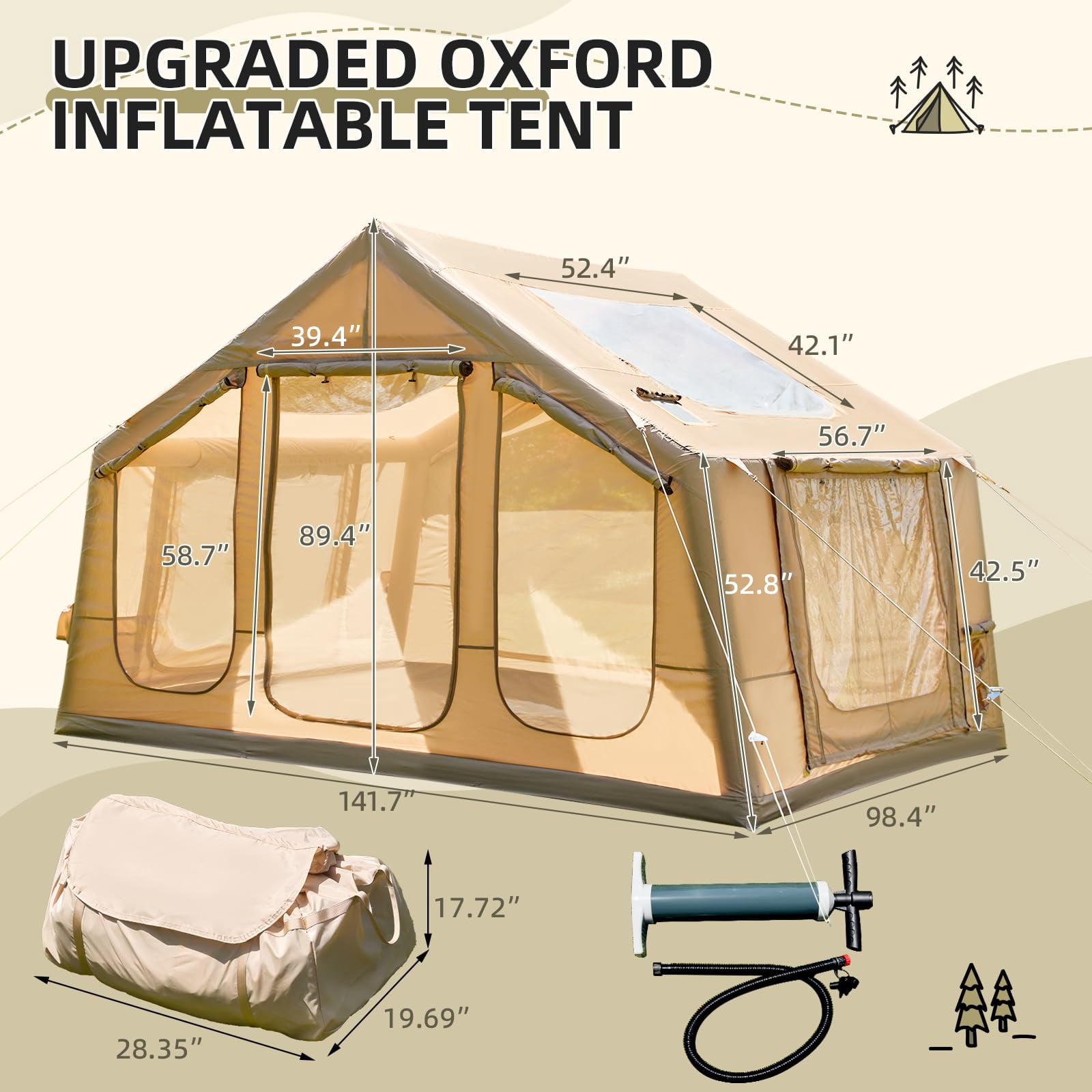 Yoleny 12'x8' Inflatable Tent, 96 SFT Blow Up Tent for Camping, 4 Season Oxford Glamping Tents with Clear Skylight, Pump & Stove Jack