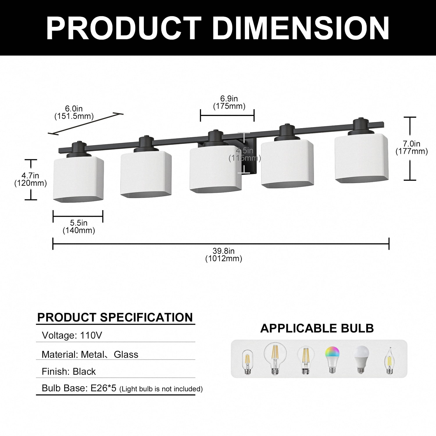 YANSUN 39.8 in 5-Light Bathroom Vanity Light, Black Linear Sconce with Square Milky Glass Shades for Bathroom, Vanity Table (Bulbs Not Included)