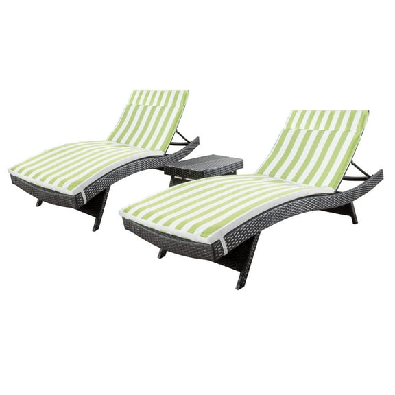Anthony 3 Piece Outdoor Wicker Lounge with Cushions and Coffee Table, Multibrown, Green and White Stripe
