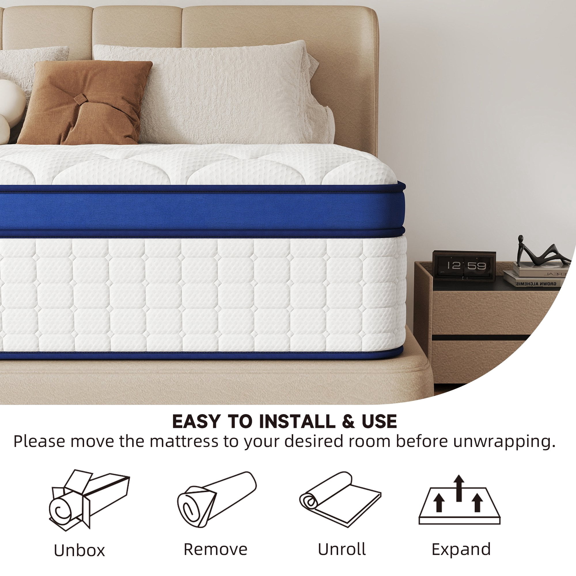 OPV 12 inch King Size Medium Firm Hybrid Mattress,High Density Foam Layer, Individually Pocketed Springs, Gel Design, Boxed Memory Foam Mattress, Hypoallergenic Material，Motion Isolation Feature