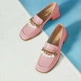 thumbnail image 3 of XYD Women Classic Square Closed Toe Golden Chain Pearl Loafer Chunky Low Heel Office Walking Comfy Shoes Size 6.5 Pink, 3 of 4