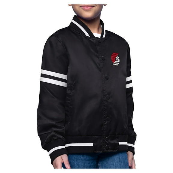 Youth-Starter  Black Portland Trail Blazers Printed Logo Varsity Satin Full-Snap Jacket