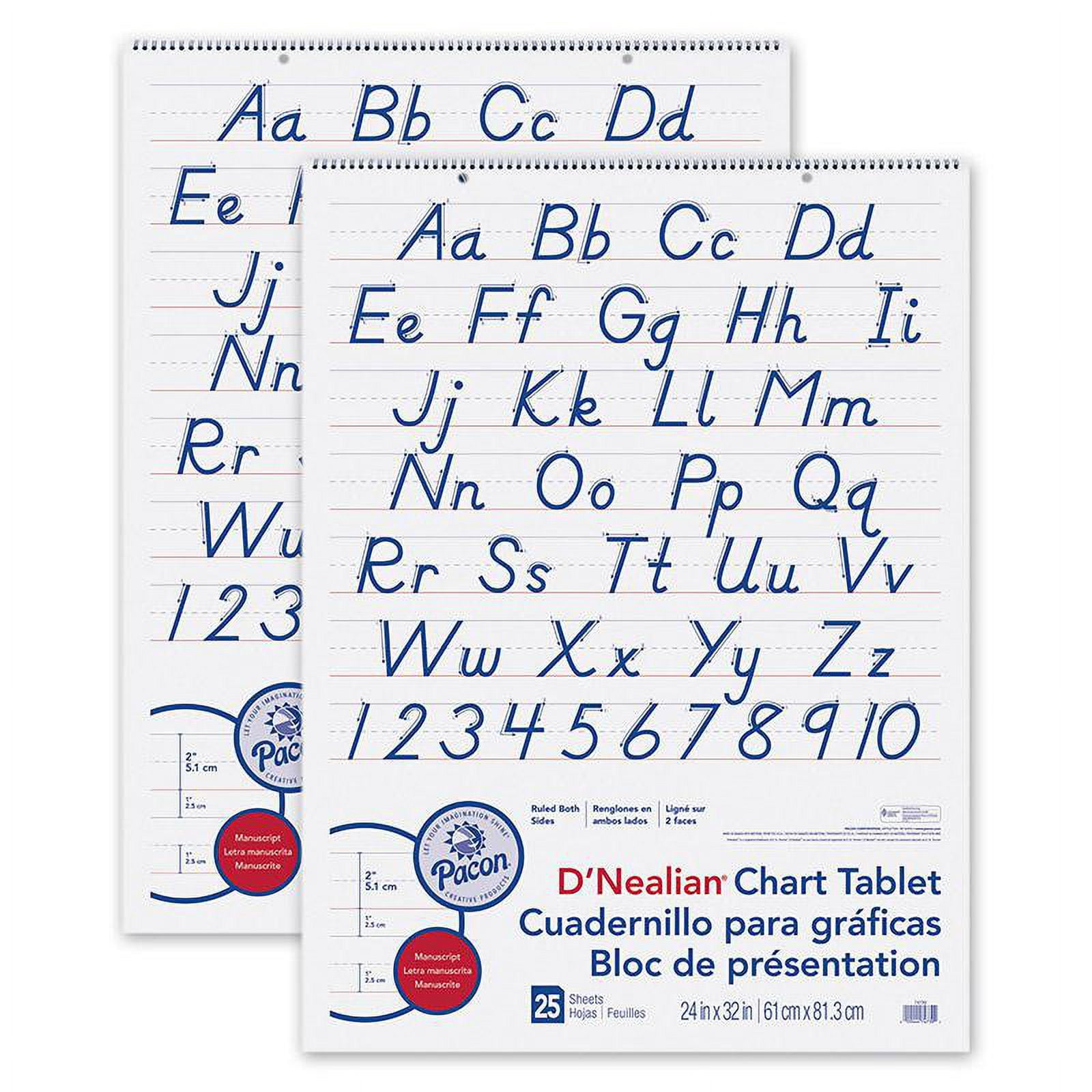 Pacon D'Nealian Chart Tablet, Manuscript Cover, 2" Ruled 24" x 32", 25 Sheets, Pack of 2