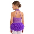 thumbnail image 2 of Doomiva Kids Girls Rhinestone Dance Crop Top and Tassel Feather Briefs Skirt 2 Piece Ballet Gym Latin Jazz Dance Outfit Purple 8, 2 of 6