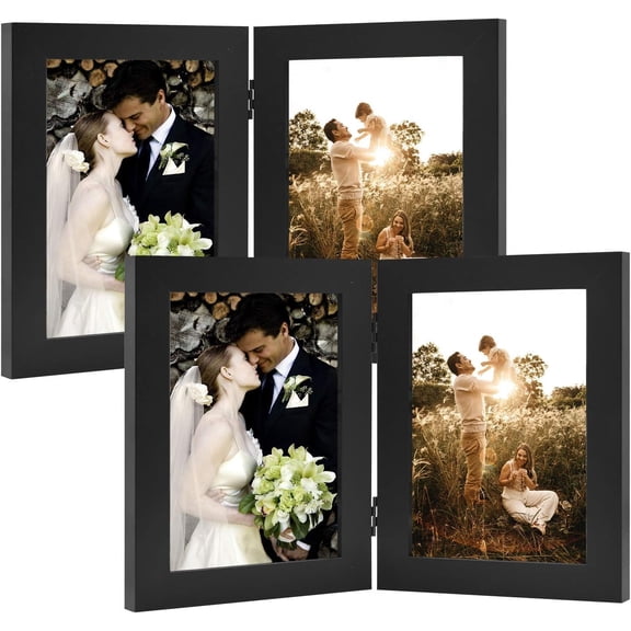 JJEAN-, 5x7 Double Picture Frame Vertical Hinged Photo Frame 2 Opening Folding Family Frames Collage, with Real Glass (5x7, Black, 2-Pack)