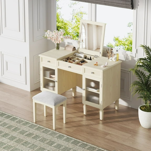 MODERNLUXE 2-in-1 Vanity Desk with Flip-Top Mirror,Vanity Table and Chair Set with 2 Drawers and 2 Cabinets,Computer Writing Desk for Study,Dressing Room,Bedroom,White Oak