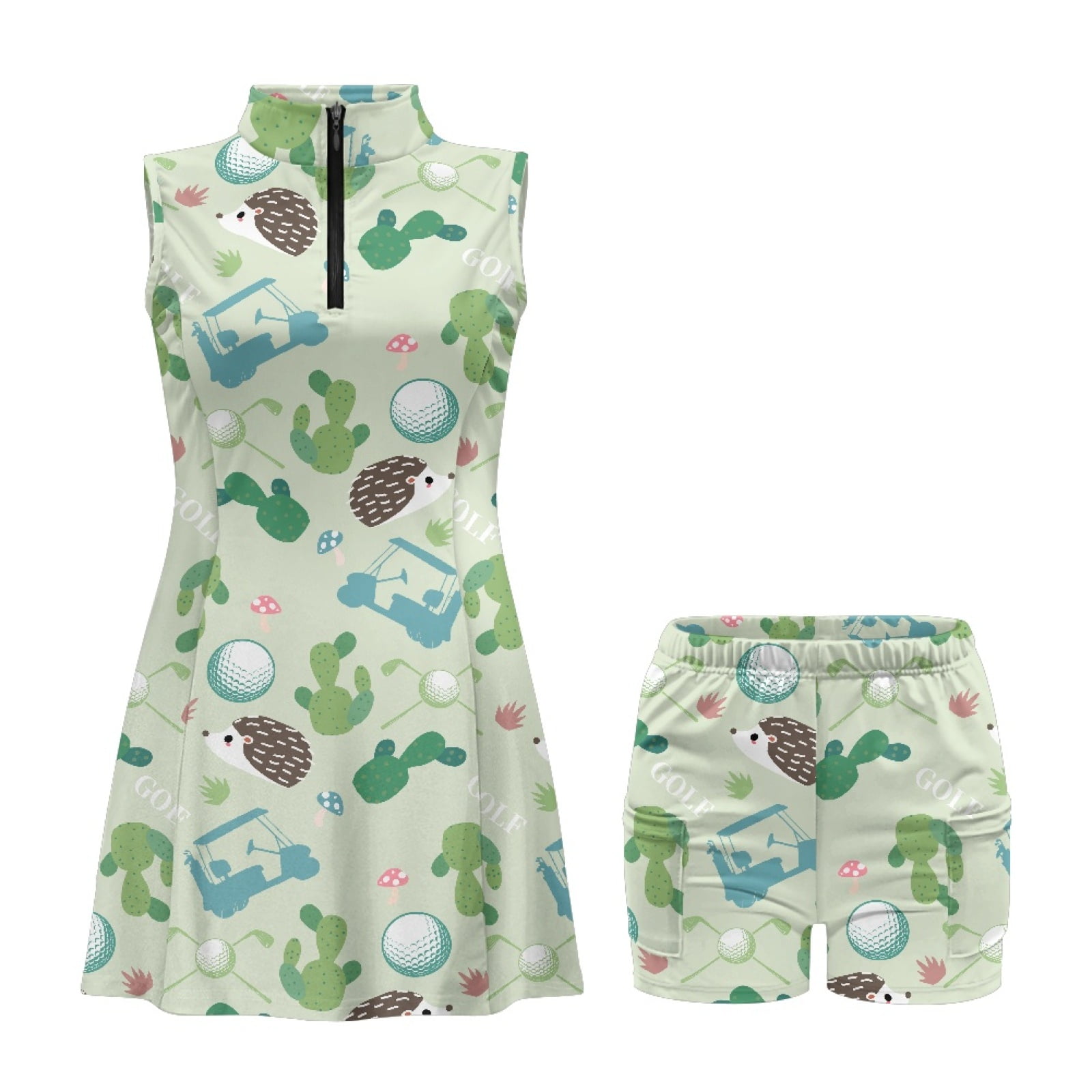 COEQINE Golf Dresses for Women Sleeveless V-Neck Breathable Exercise Dresses with Shorts 2 Pockets Golf Ball Cart and Cactus Print Golf Outfits with 2 Piece Set, S
