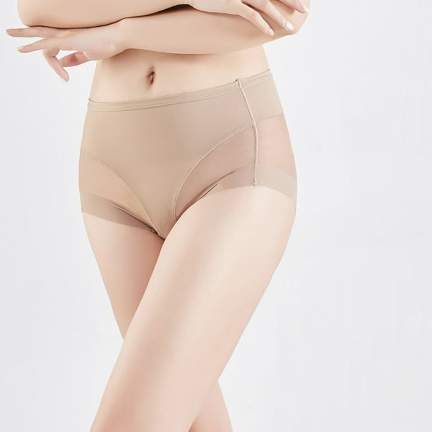 QTBIUQ Mid-waist Transparent Mesh Briefs High Elastic Comfortable Ice Silk  Women Underwear Large Size Ultra-thin(Khaki,L)