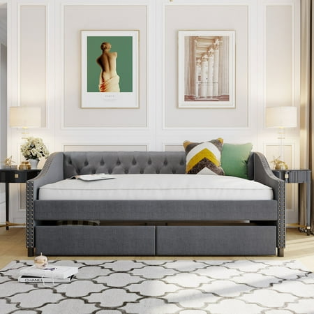 Clearance! Upholstered daybed with Two Drawers  Wood Slat Support  Gray  Full Size