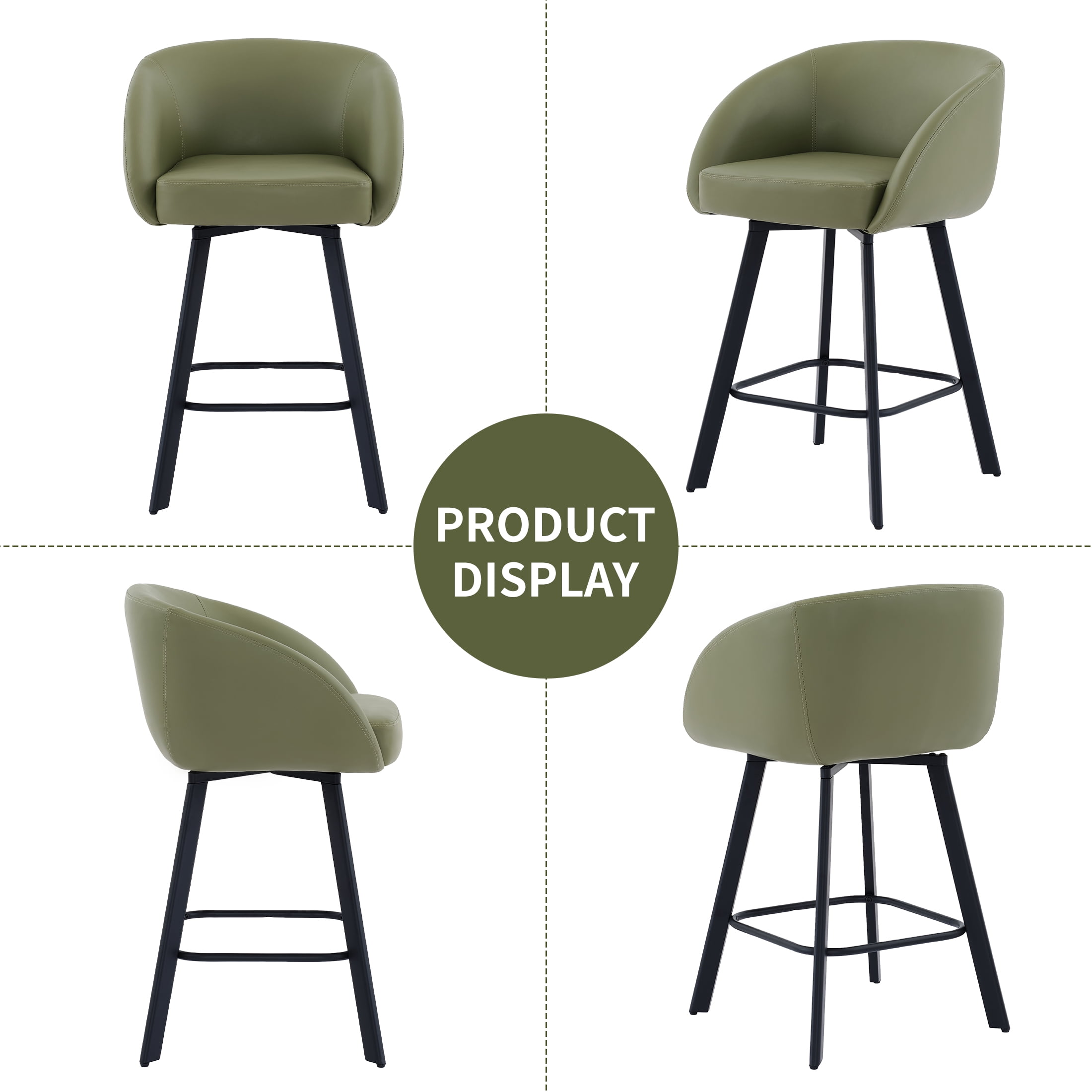 FIRAVOE Bar Stools Set of 2, Swivel Counter Height Bar Stools with Back & Arms (26") Modern Faux Leather Bar Chairs for Kitchen Island, Green
