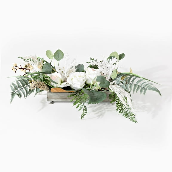 SAFAVIEH Faux 10 Inch Rose & Fern Potted Arrangement, Green/White