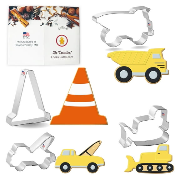 Construction Vehicles Cookie Cutter Set - 4 Piece - HS0430 - Bulldozer 3 in, Dump Truck 3.75 in, Tow Truck 3 in, Traffic Cone 3.5 in - Foose - USA Tin Plated Steel