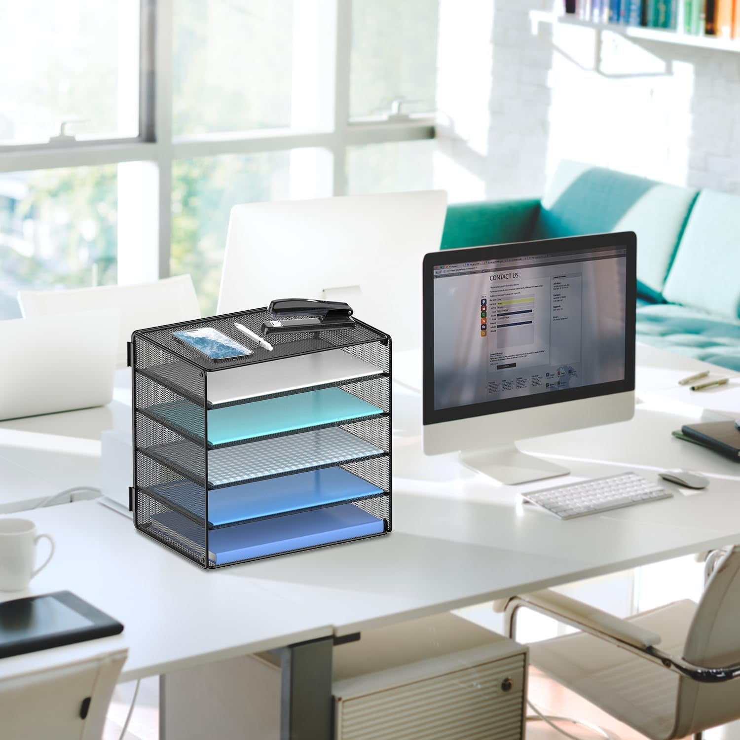 INTIGE 5 Tier Metal Desktop Organizer Tray, Desk Paper Organizer for Home Office, Black, 1 Pcs
