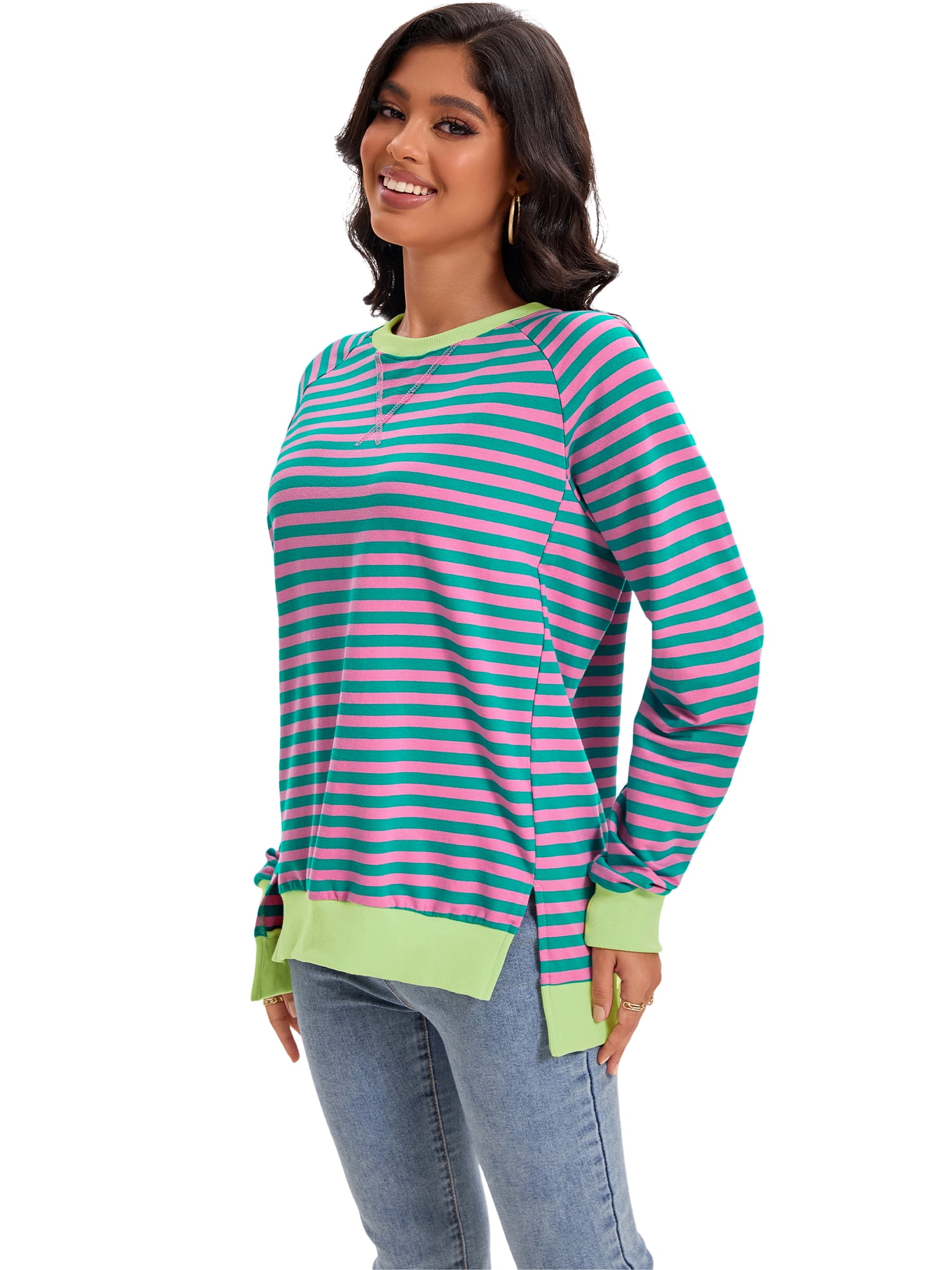 DARING DIVA Women's Striped Oversized Crewneck Pullover Tops XL Green Pink