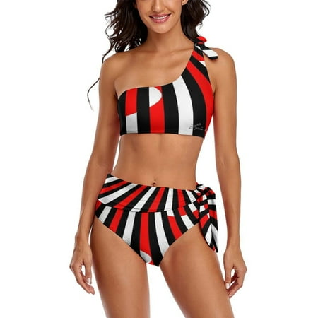Black White And Red All Over! One Shoulder Bowknot Swimsuit Two Piece Swimsuit Knot Crop Top Bikini High Waisted Bathing Suit