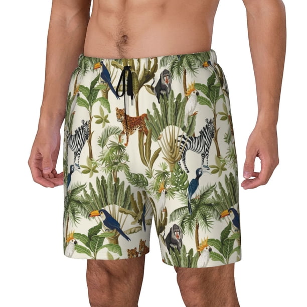 Balery Jungle Animals Bañador para hombre, shorts de playa de secado rápido con entrepierna y forro de compresión-Large