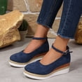 thumbnail image 2 of Rokment Women's Platform Wedge Dress Shoes Beach Vacation Stylish Casual Suede Ankle Strap Espadrilles Chunky Heeled Closed Toe Dressy Sandals Blue Size 8.5, 2 of 4
