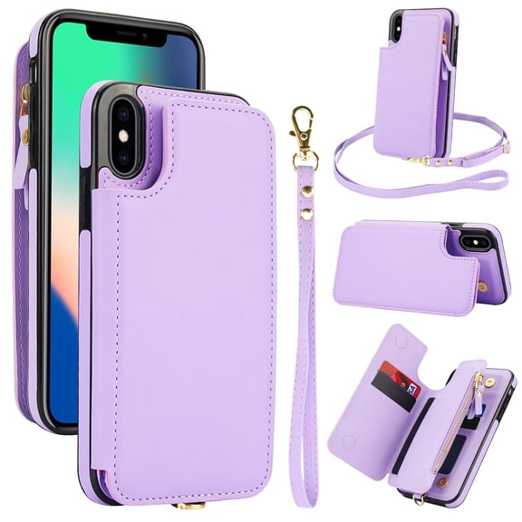 Wallet Case for Apple iPhone XS Max, with Crossbody Shoulder Strap & Hand Wrist Cards Holder Zipper Pocket Stand Feature Full Protective Shockpoof Phone Case for iPhone XS Max, Lightpurple