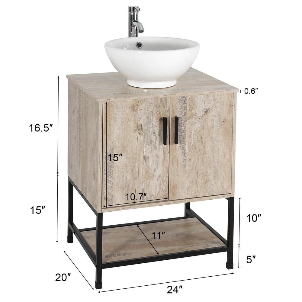 Eclife 24" Farmhouse Bathroom Vanity with Rustic Oak Wood Top,White Ceramic Sink, Water Save Faucet,Solid Brass Pop Up Drain