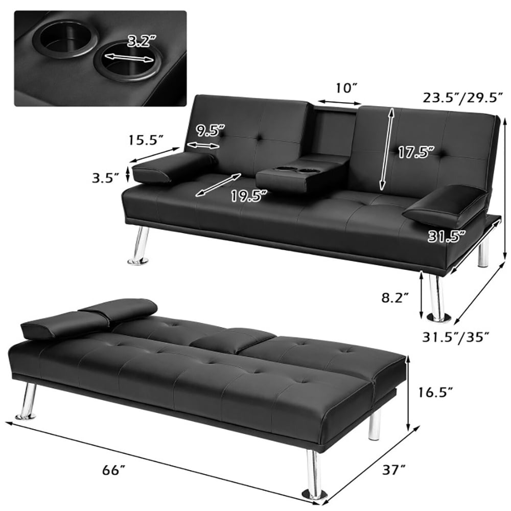 Finihen Futon Sofa Bed, Leather Couch, Convertible Folding Recliner, Convertible Folding Leather Futon Sofa with Cup Holders and Armrests, for Living Room, Bedroom, Black Finihen Futon Sofa Bed, Leather Couch, Convertible Folding Recliner, Convertible Folding Leather Futon Sofa with Cup Holders and Armrests, for Living Room, Bedroom, Black