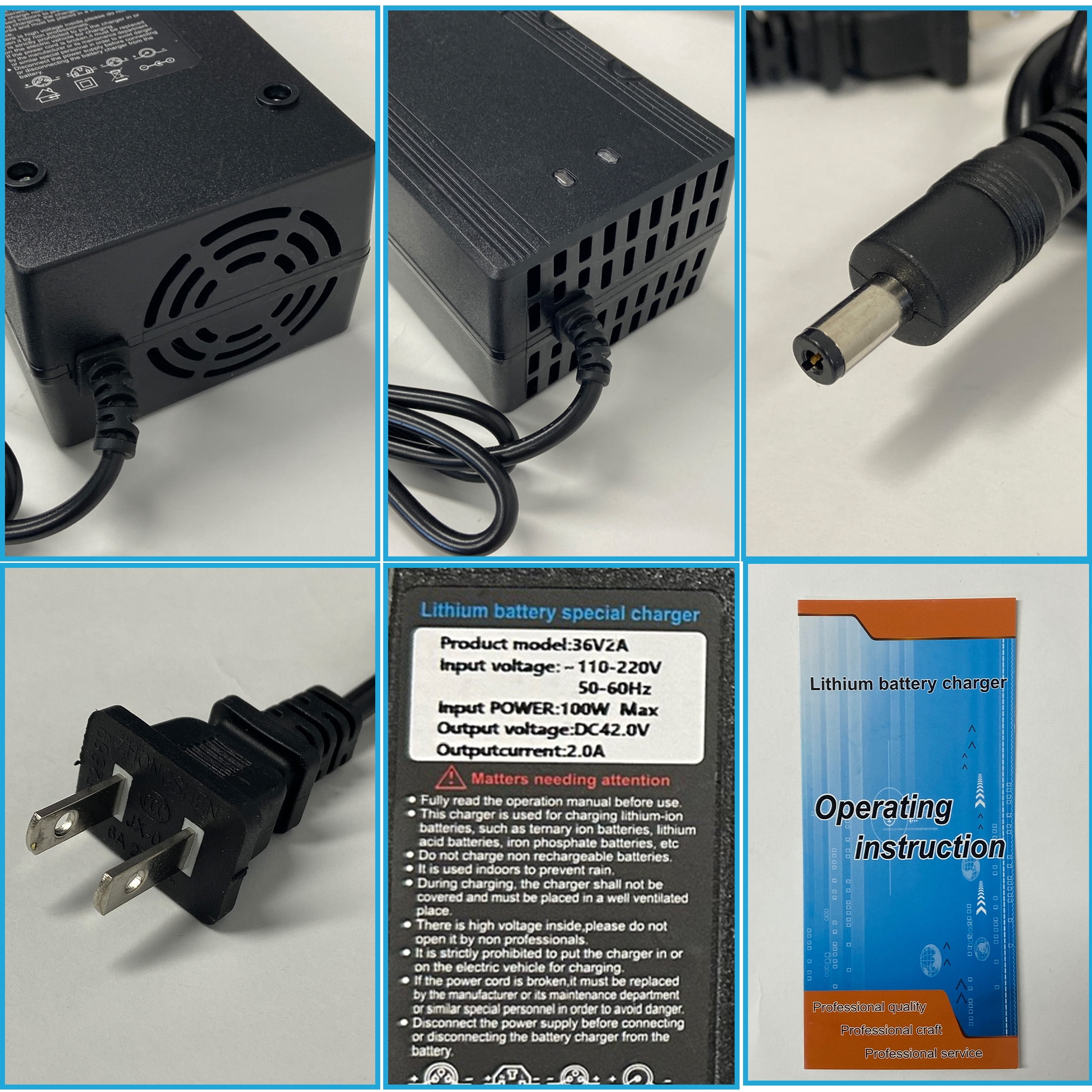 42V 2A Charger DC 5.5x2.1mm Plug for 36V Ebike Lithium Battery