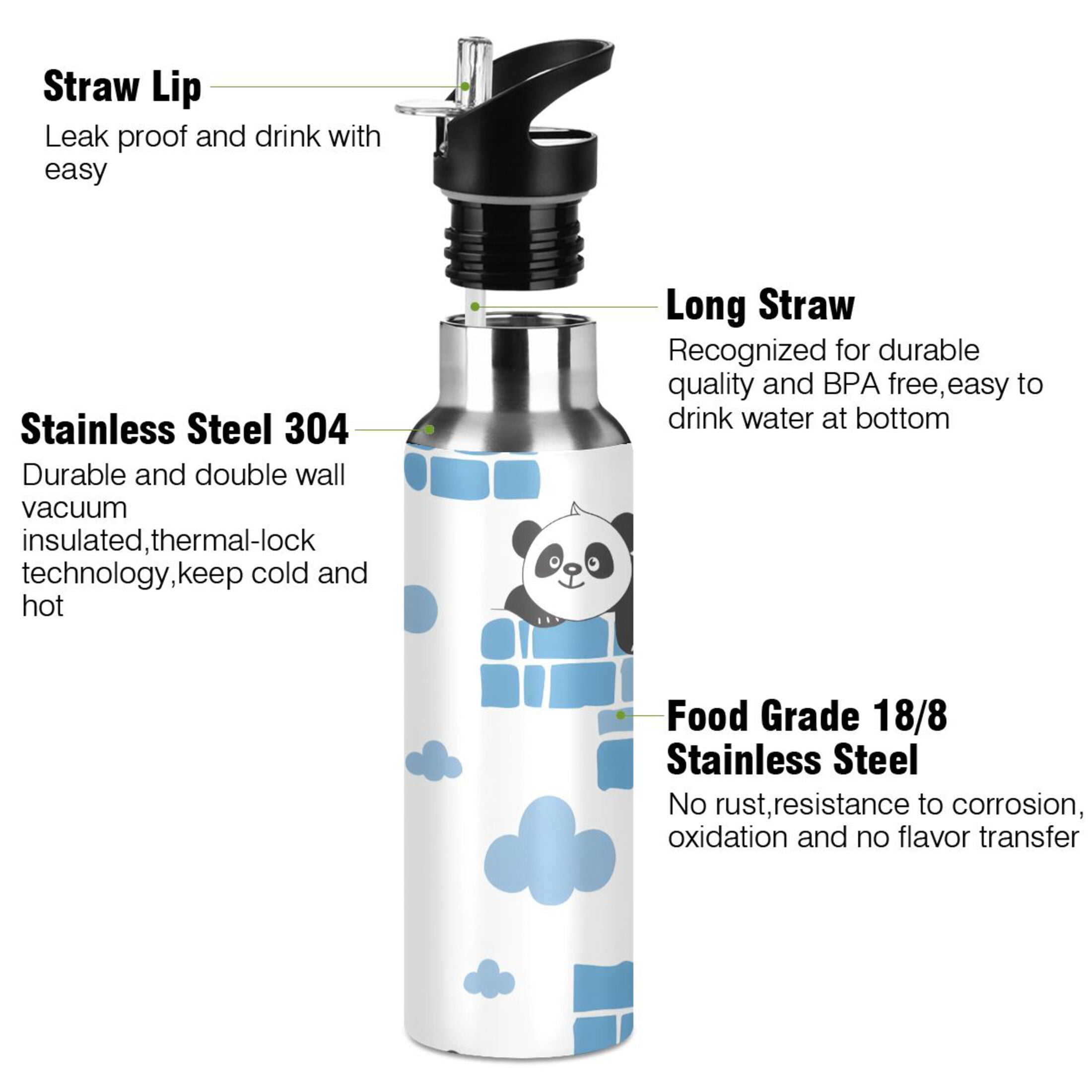 Pandas in Walls Clouds Sports Water Bottle with Straw Lid Insulated Stainless Steel Leak Proof BPA Free Thermal Mug with Handle for Gym Yoga Cycling Camping