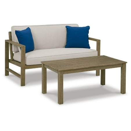 Signature Design by Ashley Outdoor Fynnegan Patio Eucalyptus Loveseat with Table Beige