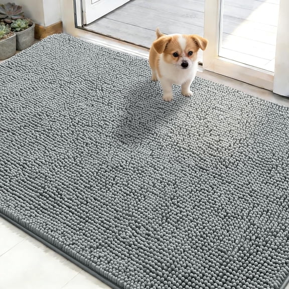 Dog Door Mat for Muddy Paws 48x30, Absorbs Moisture and Dirt, Absorbent Non-Slip Washable Doormat, Quick Dry Chenille Mud Mat for Dogs, Entry Indoor Entryway Carpet for Inside Floor, Grey